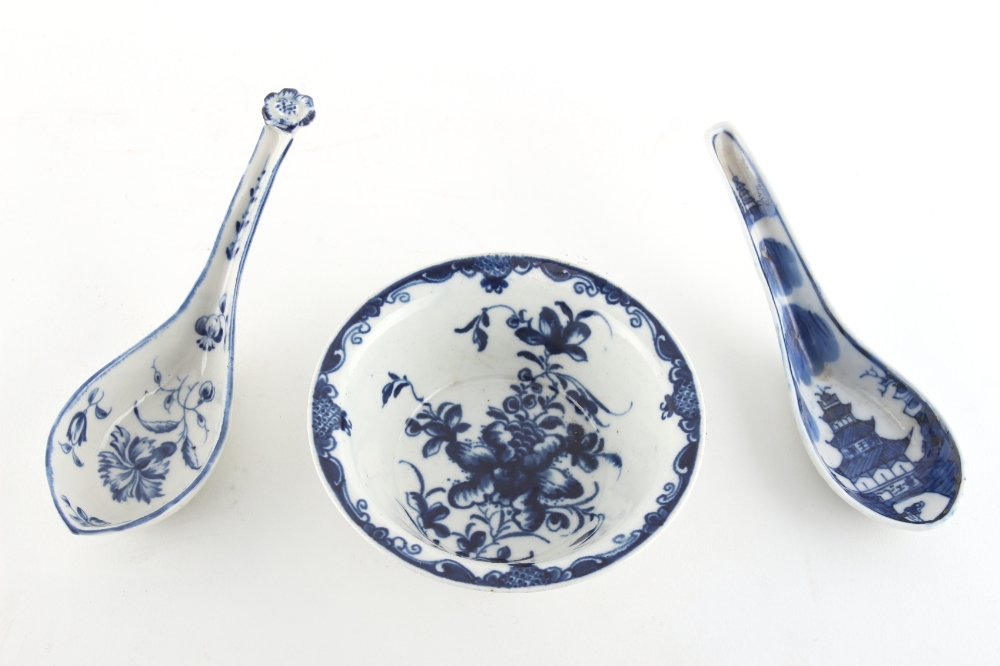 Property of a gentleman - a first period Worcester blue & white spoon, circa 1770, modelled as a