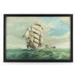 Property of a lady - English school, early 20th century - COASTAL SCENE WITH A SHIP IN FULL SAIL AND