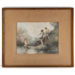 Property of a lady - Charles R... (early 20th century) - CHILDREN PLAYING BY A POND - watercolour,