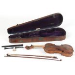 Property of a lady - a 19th century violin in case with two bows, the violin with detached
