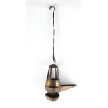 Property of a lady - a bronze hanging oil lamp, 18th / 19th century, with wrought iron suspension