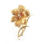 Property of a deceased estate - an 18ct yellow gold ruby & diamond floral brooch, 57mm long,