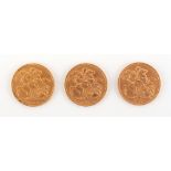 Property of a deceased estate - gold coins - three 1908 King Edward VII gold full sovereigns, London