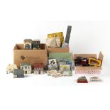 Property of a deceased estate - three boxes containing assorted items including postcards & metal