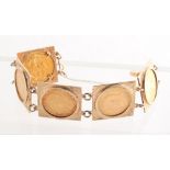 Property of a lady - a 9ct gold square textured bark effect panel coin bracelet set with five full