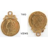 Property of a deceased estate - gold coin - a 1738 George II two guineas, worn, mounted as a