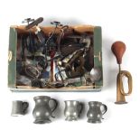 Property of a deceased estate - a box containing assorted metalware including pewter jugs & a car