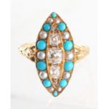A Victorian yellow gold turquoise diamond & seed pearl ring, the navette shaped setting measuring