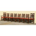 Property of a deceased estate - a set of eight oak & rush seated spindle-back dining chairs