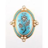 A good Victorian yellow gold turquoise enamel diamond & pearl oval brooch, 48mm long,