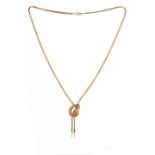 Property of a lady - a modern 9ct yellow gold knot & tassel necklace, 16.5ins. (42cms.) long,