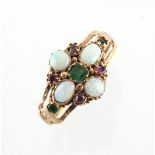 A Georgian yellow gold emerald ruby & opal ring, with closed back setting & pierced shoulders,