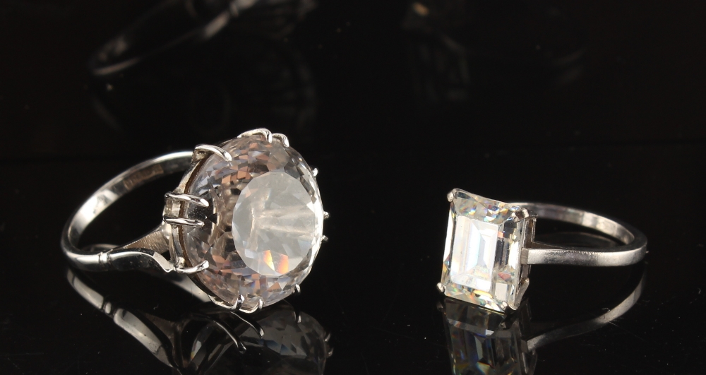 Property of a lady - an 18ct white gold single stone ring, set with an emerald cut diamond simulant, - Image 2 of 2