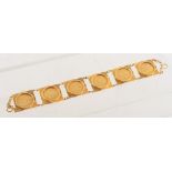 Property of a lady - a 9ct gold textured bark effect panel coin bracelet set with six half