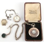 Property of a gentleman - a J.W. Benson silver cased half hunter pocket watch on silver albert watch