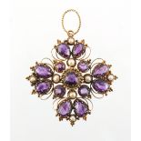 A late Georgian cannetille amethyst & pearl pendant brooch, approximately 53mm long (including