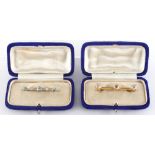 Property of a deceased estate - an Art Deco style unmarked yellow gold bar brooch set with three