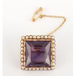 Property of a deceased estate - an unmarked gold amethyst & seed pearl brooch, the large square