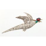 An unmarked white gold enamel & diamond pheasant brooch, 43mm long, boxed.