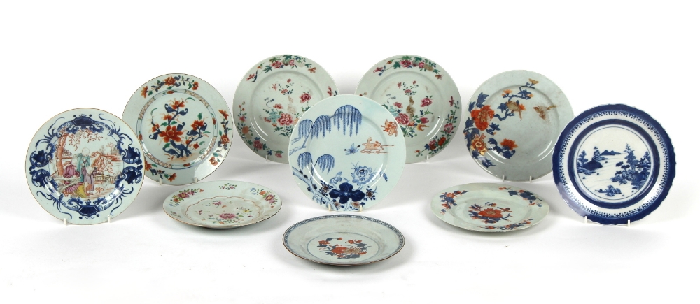 Property of a lady - ten Chinese porcelain circular plates, all 18th century, including famille rose