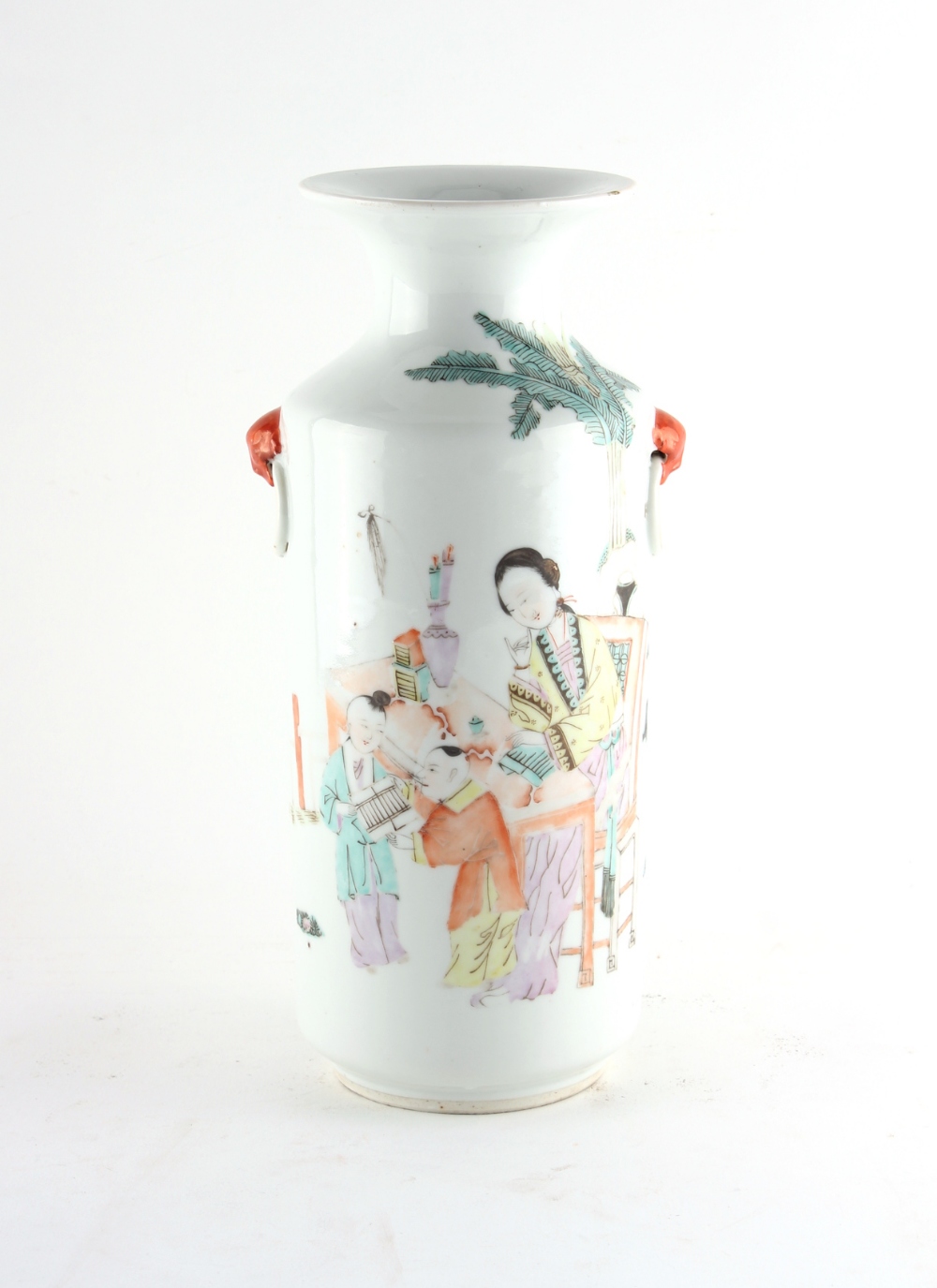 Property of a lady - a Chinese famille rose vase with moulded taotie mask & ring handles, early 20th