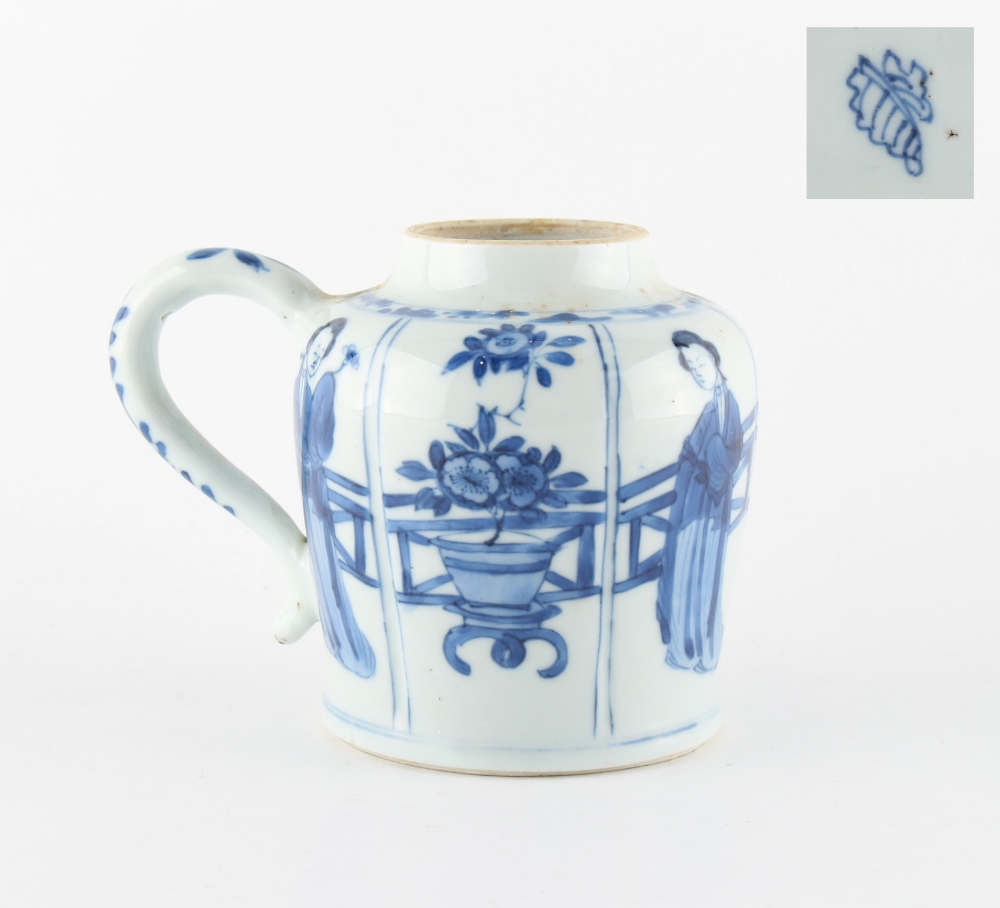 An unusual Chinese blue & white jar with single handle, Kangxi period (1662-1722), painted with four