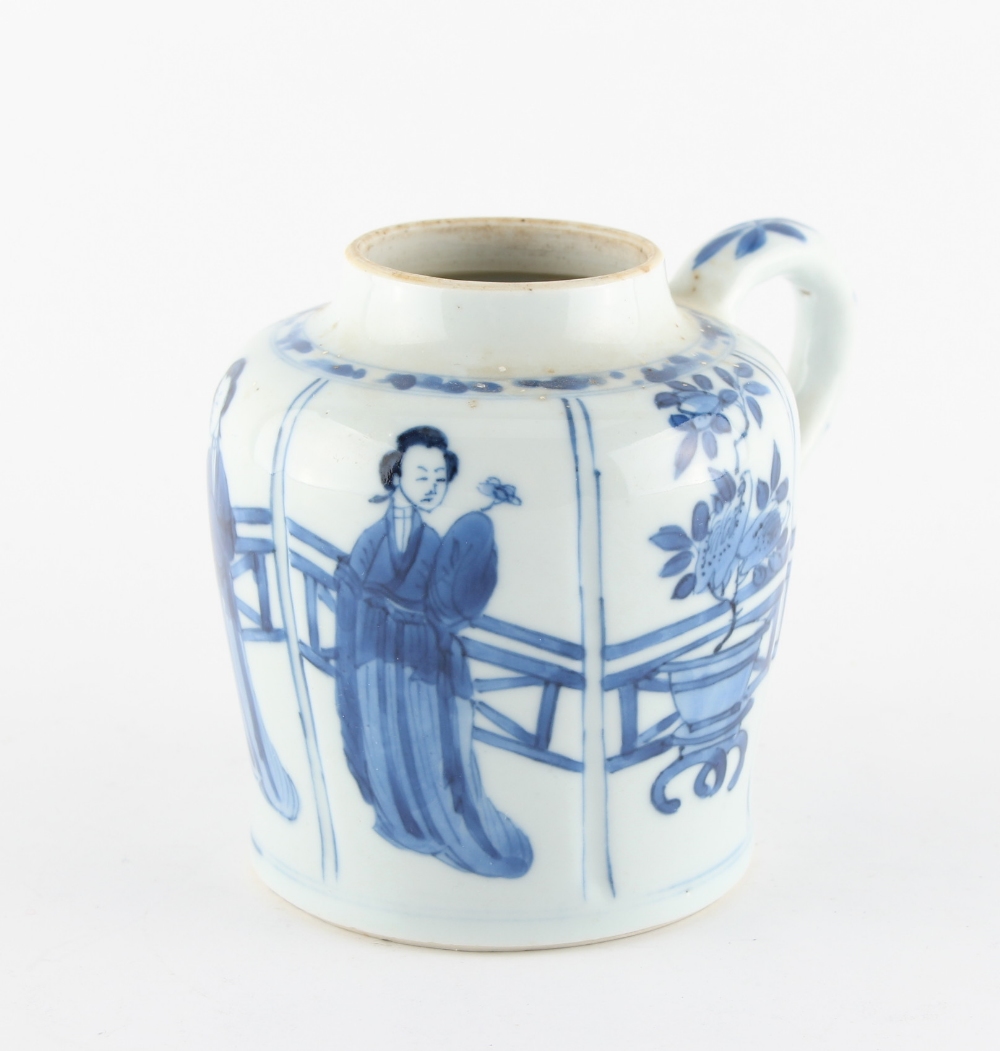 An unusual Chinese blue & white jar with single handle, Kangxi period (1662-1722), painted with four - Image 2 of 4