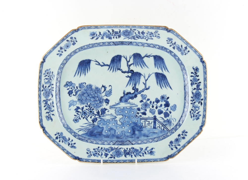 Property of a lady - an 18th century Chinese blue & white exportware meat plate, painted with