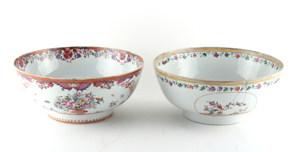 Property of a deceased estate - two 18th century Chinese famille rose punch bowls, damages &