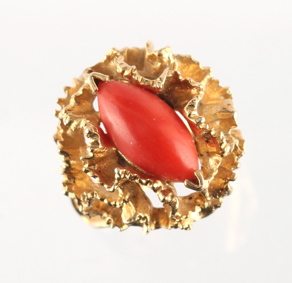 A modern 14ct yellow gold coral ring, approximately 10.7 grams, size M. - Image 2 of 2