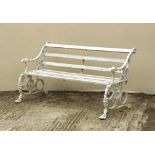 Property of a gentleman - a white painted cast metal & slatted wood garden bench, with dog's head