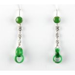 A pair of jadeite & diamond pendant earrings, each with two interlocking jadeite rings suspended