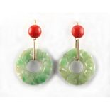 A pair of floral carved jadeite & coral pendant earrings, for pierced ears, each approximately