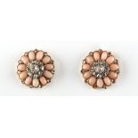 A pair of yellow gold diamond & coral flowerhead earrings, with screw fastenings, each approximately