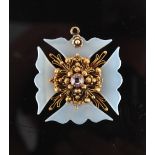 A cannetille cross pendant, probably Georgian, the arms probably chalcedony, centred by a pink