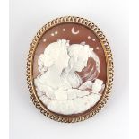 A large oval shell cameo brooch emblematic of night with two classical female figures, an eagle