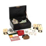 Property of a lady - a leather box containing assorted coins including boxed silver commemorative