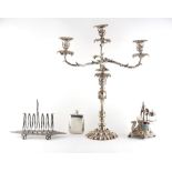 Property of a deceased estate - a Victorian silver plated three light candelabrum, with holes for