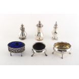 Property of a deceased estate - three Georgian silver salts; together with three silver casters (