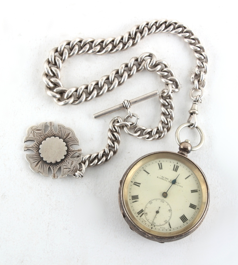 Property of a deceased estate - a silver key wind pocket watch on heavy silver curb link albert