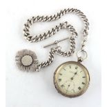 Property of a deceased estate - a silver key wind pocket watch on heavy silver curb link albert