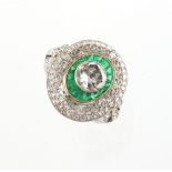 An emerald & diamond cluster ring, the centre round brilliant cut diamond approximately 1.0 carat,
