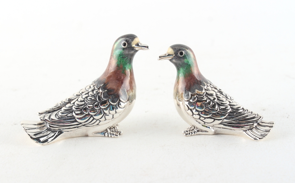 Property of a deceased estate - a brace of modern English silver & enamel models of pigeons, maker