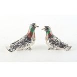 Property of a deceased estate - a brace of modern English silver & enamel models of pigeons, maker