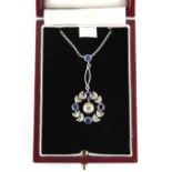 A Belle Epoque style platinum or white gold diamond & sapphire laurel wreath pendant chain necklace,