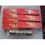 Seven Tri-ang "OO" Gauge/4mm Boxed Coaches, four maroon/cream, ref R329 W.R Brake/2nd, plus Ref R227