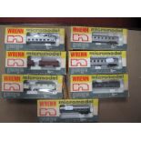 Seven Wrenn (Lima Micromodel 'N' Gauge Items of Continental Rolling Stock, boxed, Ref No.'s 301,