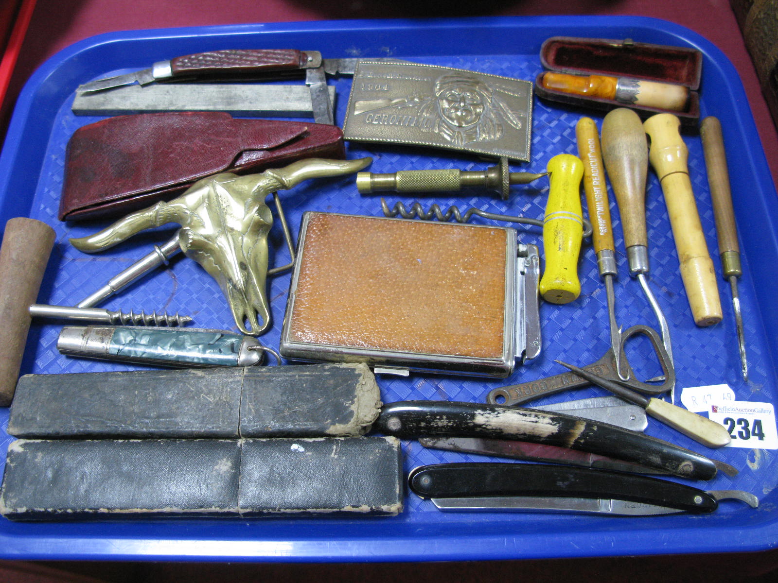 Victorian Leather Cased Scissor Set, cut throat razors, brass buckles, corkscrews, penknives, etc.