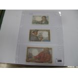 Three French WWII Era Banknotes, Banque De France Five Francs, U-53, 54634, Ten francs, H-20, 07917,