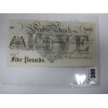 Provincial Leeds Bank Five Pounds Dated 18__, unissued remainder for John Rainforth Bywater,